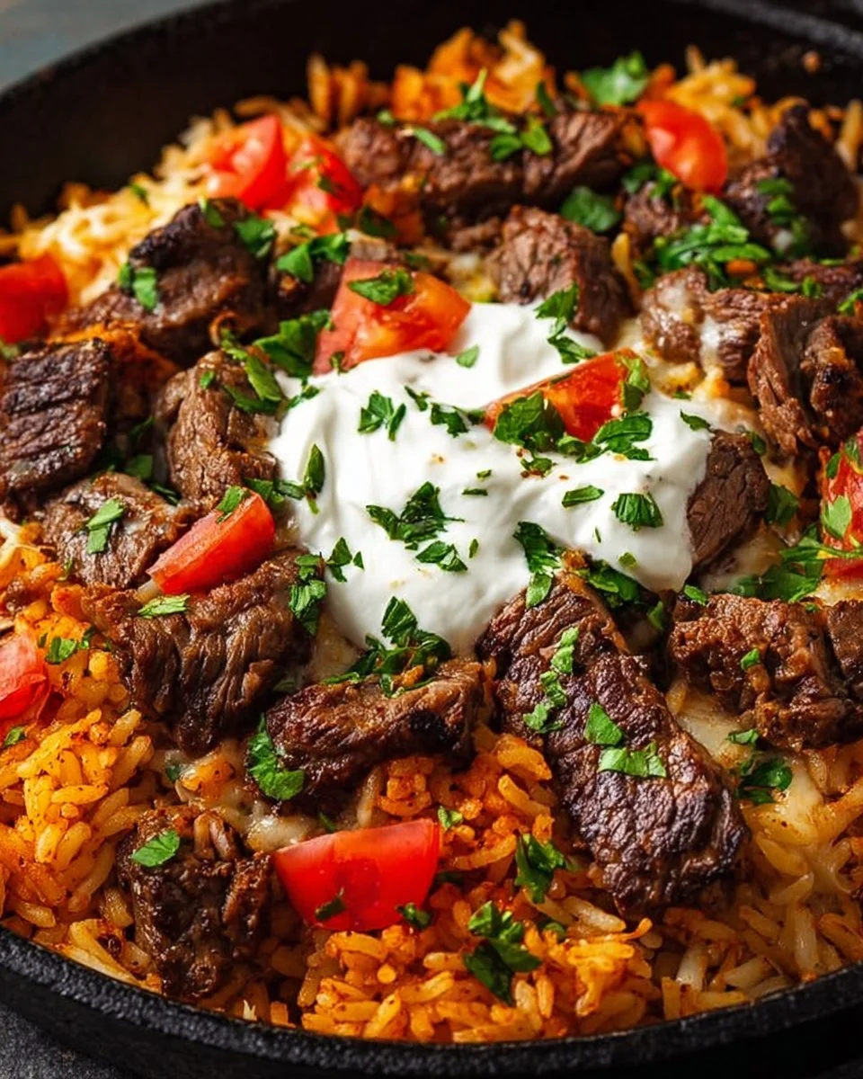 Delicious Steak Queso Rice topped with cheese and spices