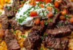 Delicious Steak Queso Rice served in a bowl with melted cheese and steak toppings.