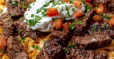 Delicious Steak Queso Rice served in a bowl with melted cheese and steak toppings.