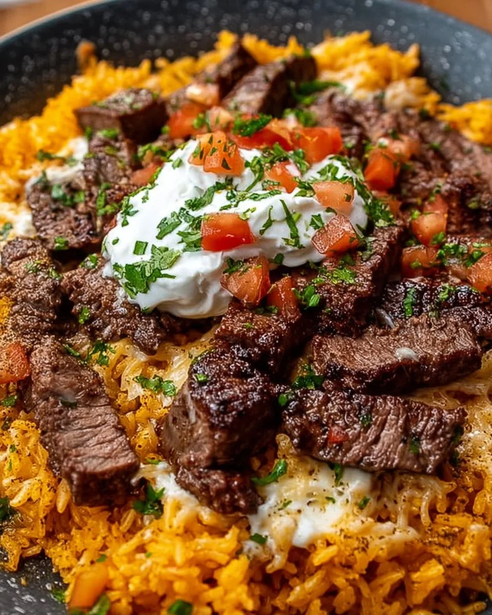 Delicious Steak Queso Rice served in a bowl with melted cheese and steak toppings.