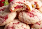 Strawberry cheesecake cookies on a plate with fresh strawberries