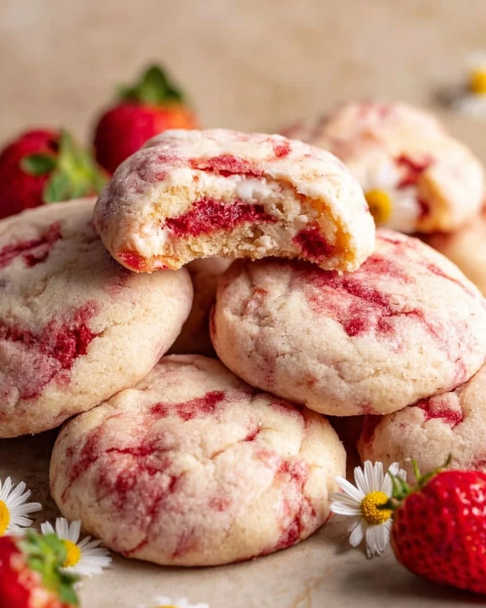 Strawberry cheesecake cookies on a plate with fresh strawberries