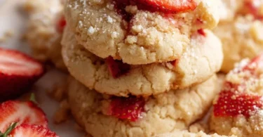 Delicious strawberry shortcake cookies displayed on a plate with fresh strawberries.