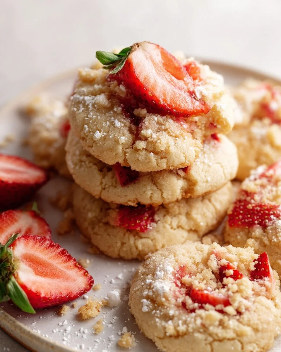 Delicious strawberry shortcake cookies displayed on a plate with fresh strawberries.