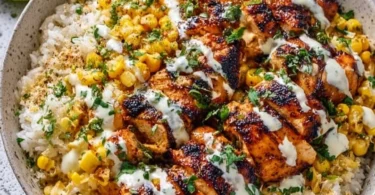 Delicious Street Corn Chicken Rice Bowl with grilled chicken and corn