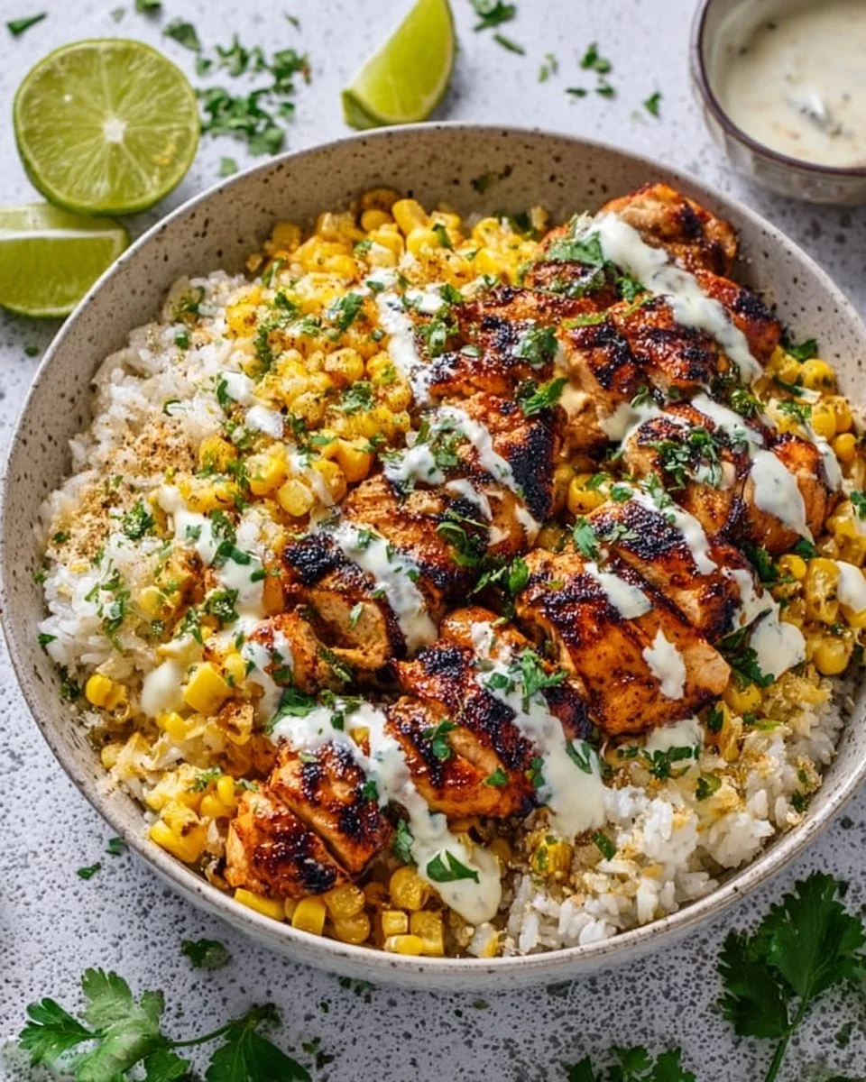Delicious Street Corn Chicken Rice Bowl with grilled chicken and corn