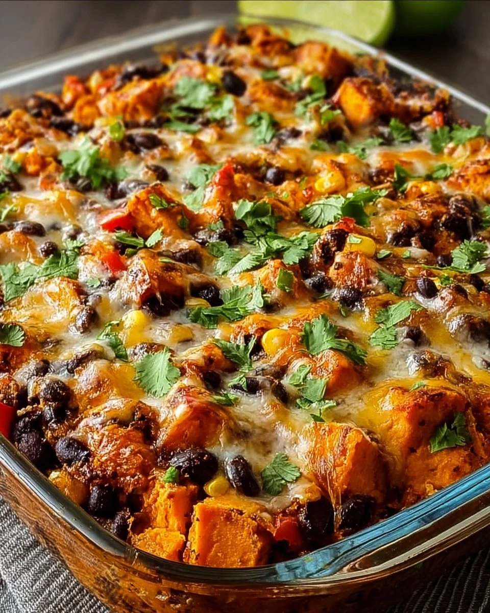 Delicious Sweet Potato and Black Bean Casserole with five layers of wholesome ingredients