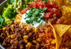 Delicious Taco Rice Bowl topped with Doritos and fresh ingredients