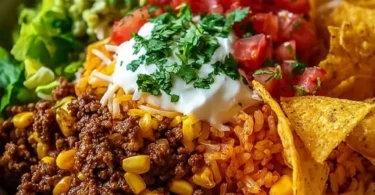 Delicious Taco Rice Bowl topped with Doritos and fresh ingredients
