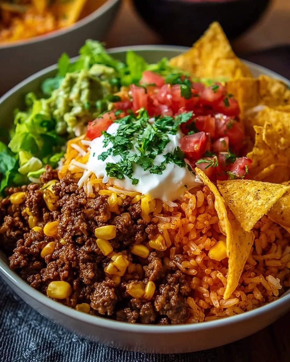 Delicious Taco Rice Bowl topped with Doritos and fresh ingredients