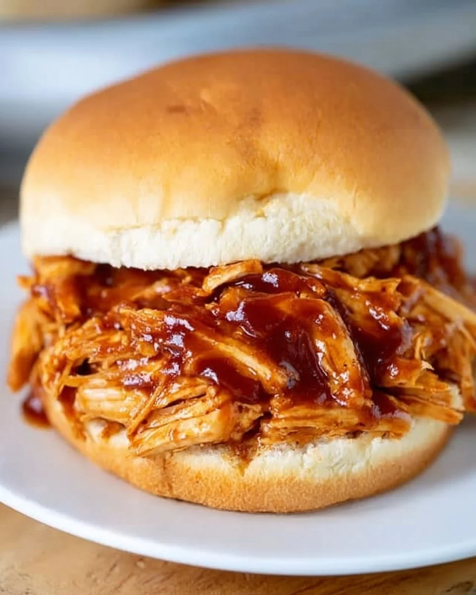 Delicious Crockpot BBQ chicken served on a plate with sauce and herbs
