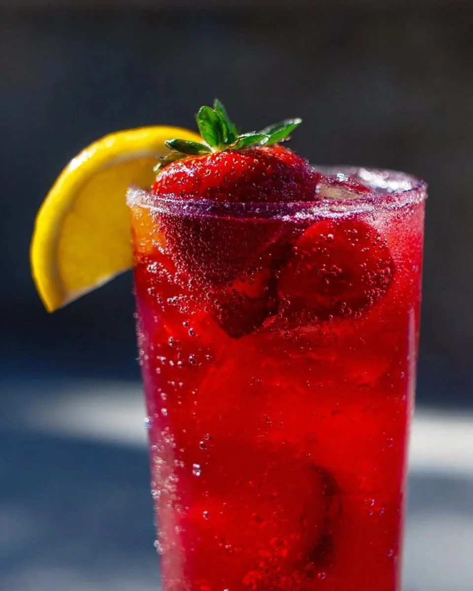Refreshing hibiscus tea strawberry-lemonade refresher in a glass with ice.