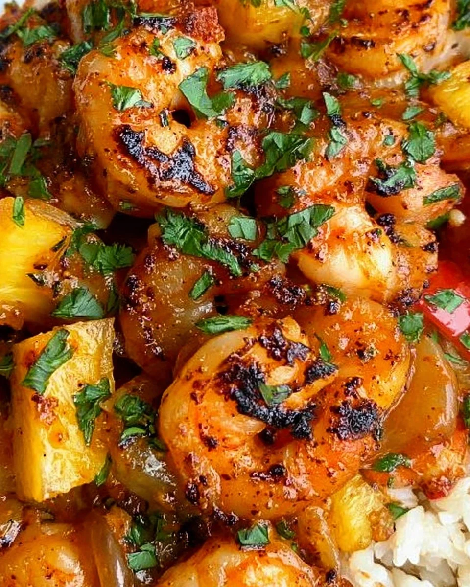 Tropical Shrimp Rice Bowl with colorful vegetables and shrimp served on rice