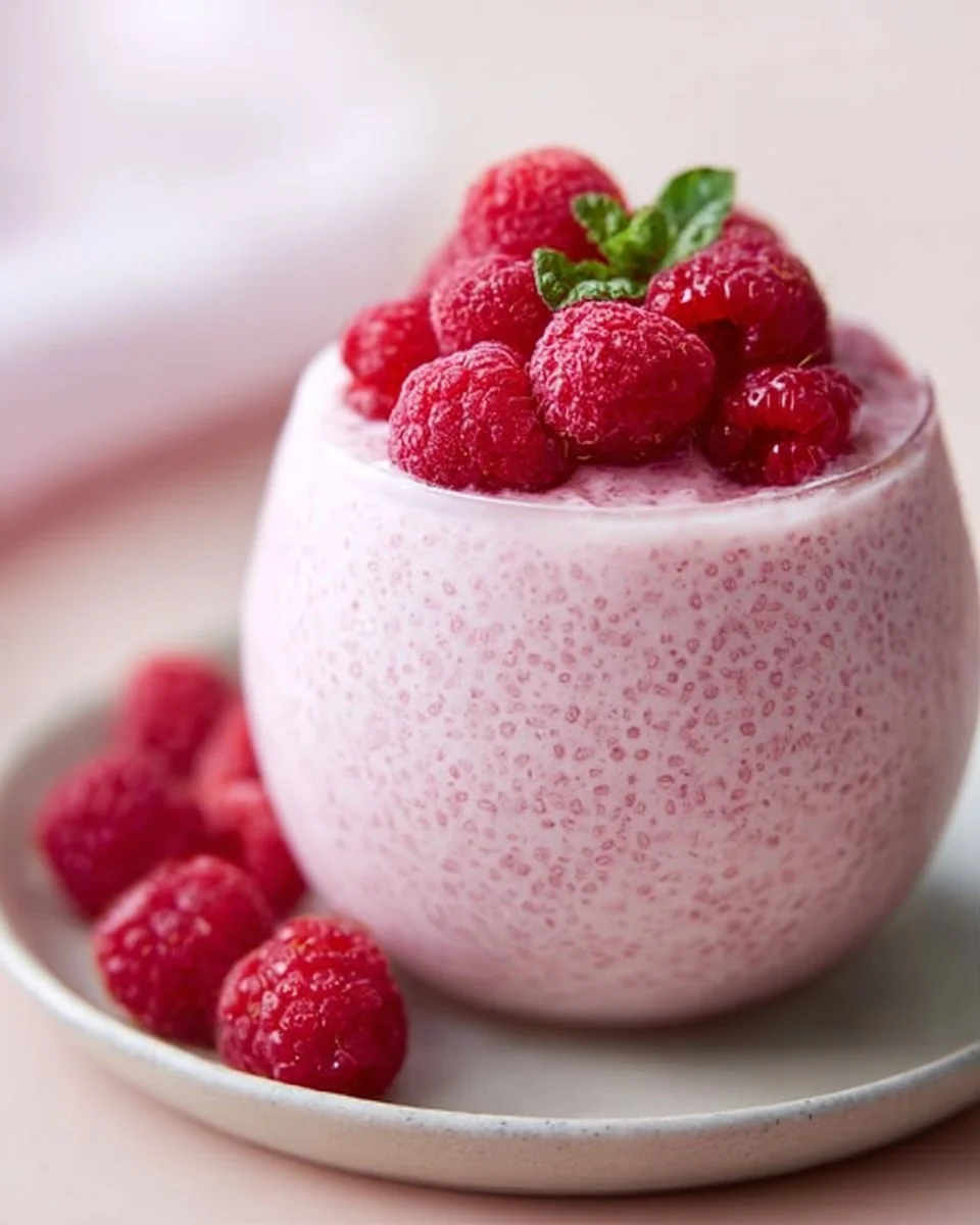 Vanilla raspberry chia pudding in a glass bowl topped with fresh raspberries