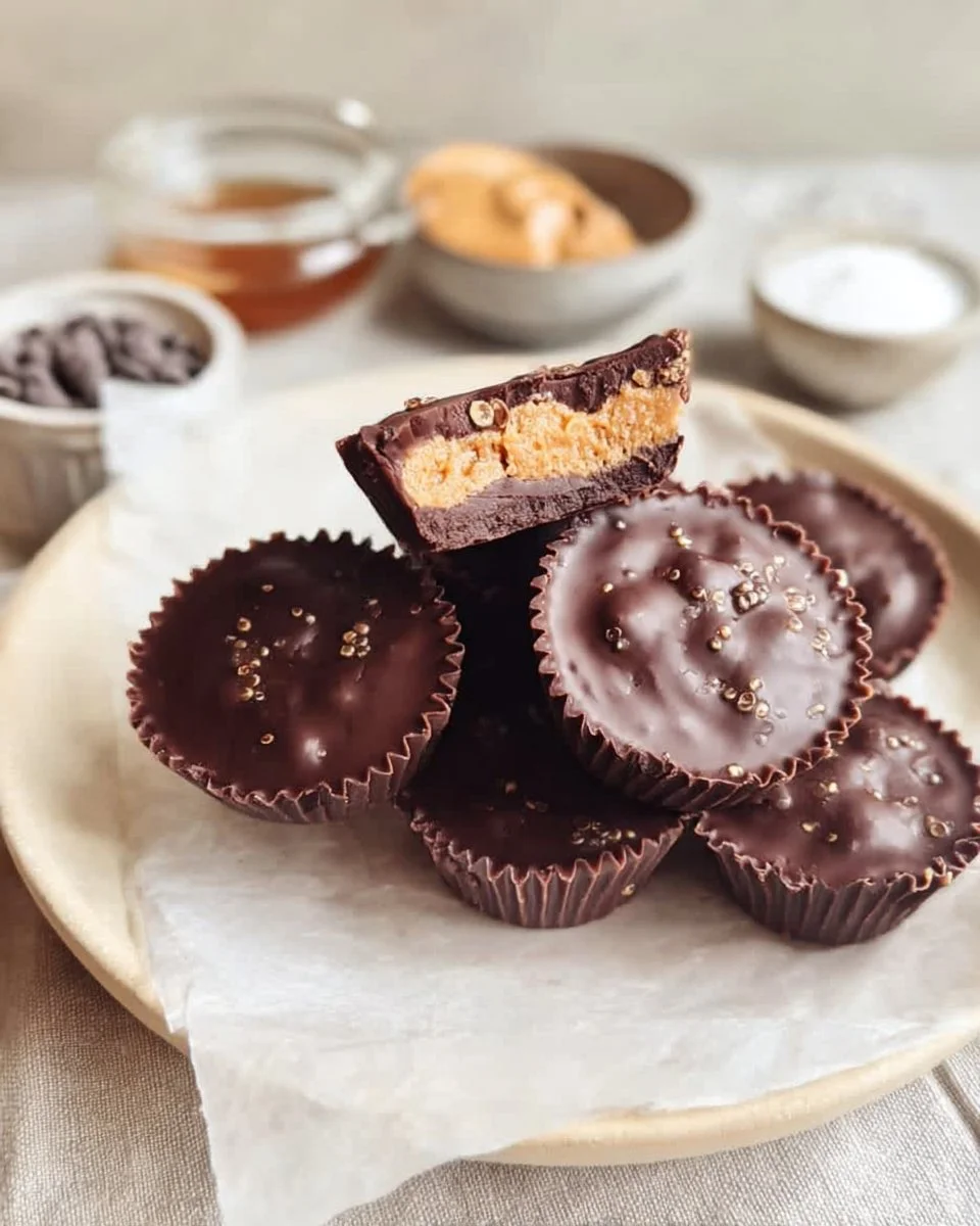 Vegan Quinoa Crunch Peanut Butter Cups with chocolate and quinoa topping