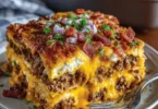 Bacon cheeseburger lasagna served in a pan, rich and cheesy dish.