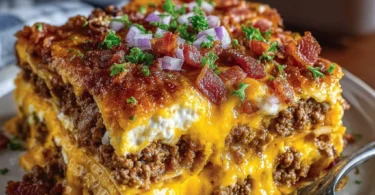 Bacon cheeseburger lasagna served in a pan, rich and cheesy dish.
