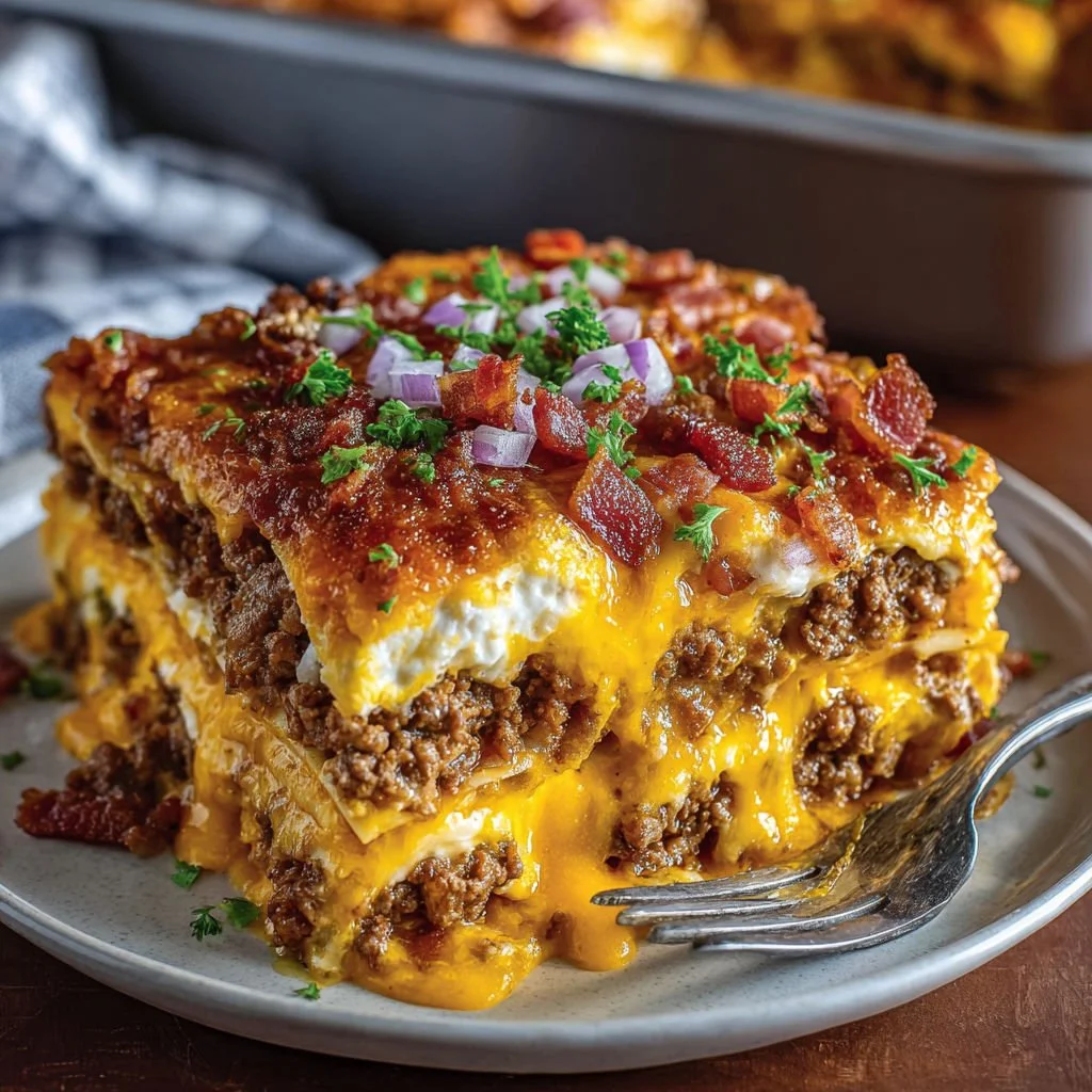 Bacon cheeseburger lasagna served in a pan, rich and cheesy dish.