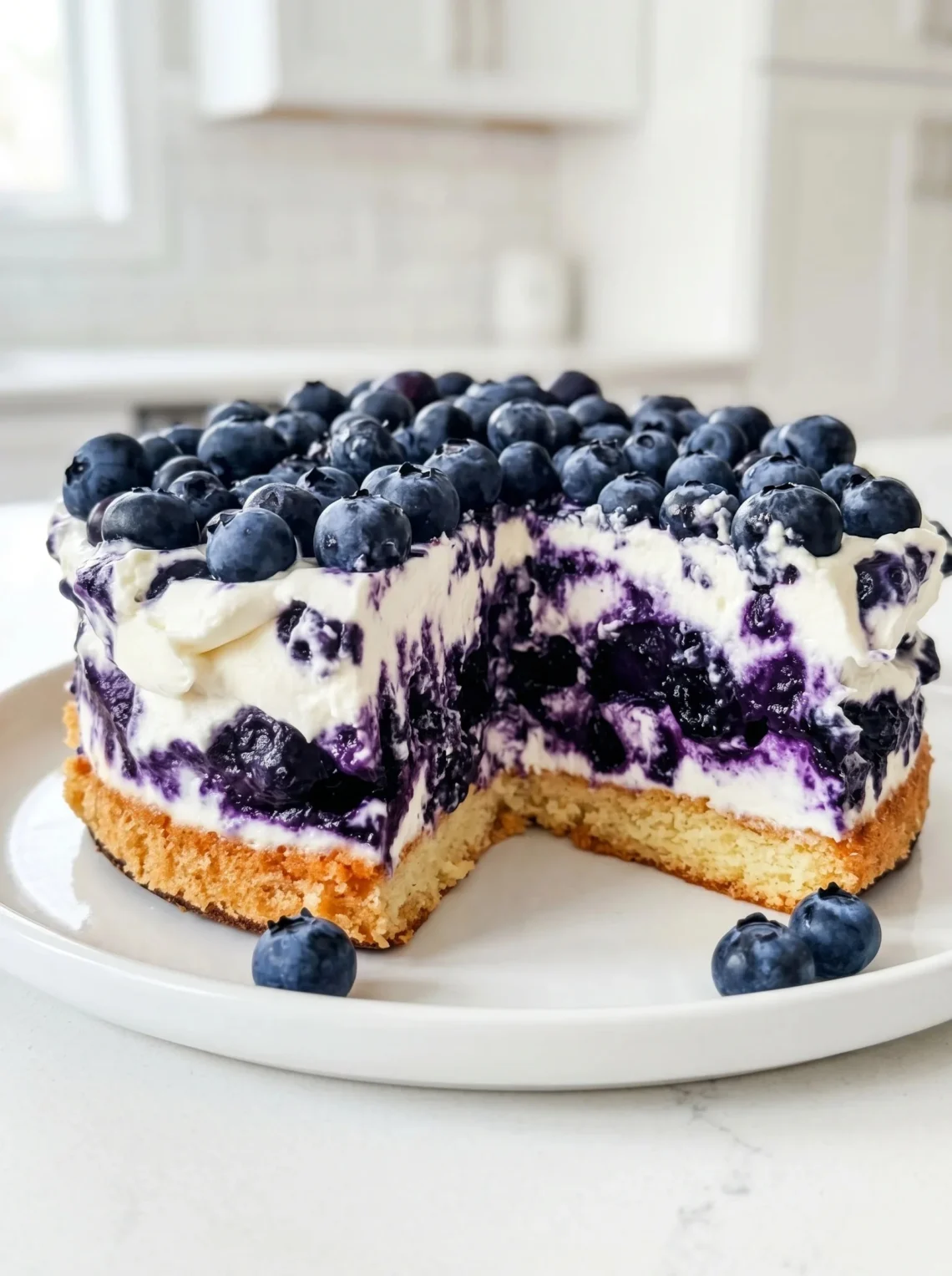 Slice of blueberry cake with vibrant blueberry cream frosting on a white plate