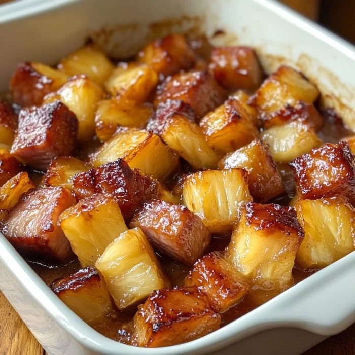 Delicious Brown Sugar Pineapple Ham Bake ready for serving