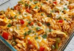 Cheesy chicken fajita casserole topped with melted cheese and colorful vegetables