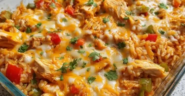 Cheesy chicken fajita casserole topped with melted cheese and colorful vegetables