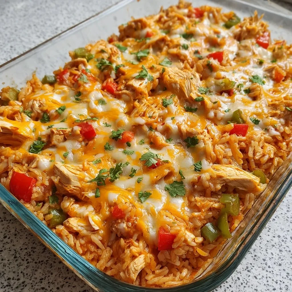 Cheesy chicken fajita casserole topped with melted cheese and colorful vegetables