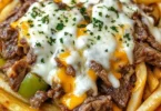 Cheesy steak waffle fries served hot and crispy