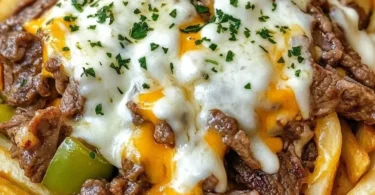 Cheesy steak waffle fries served hot and crispy