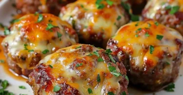 Cheesy stuffed meatloaf bites served on a plate, ready to enjoy.