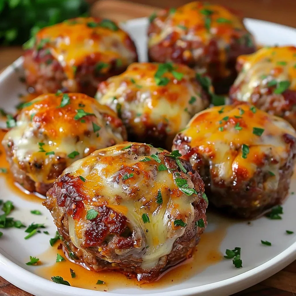 Cheesy stuffed meatloaf bites served on a plate, ready to enjoy.