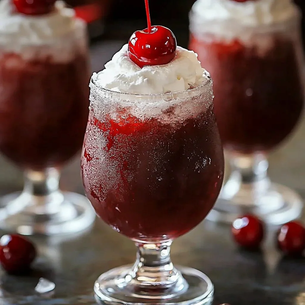 Delicious Cherry Rum Slushie in a glass with cherry garnish