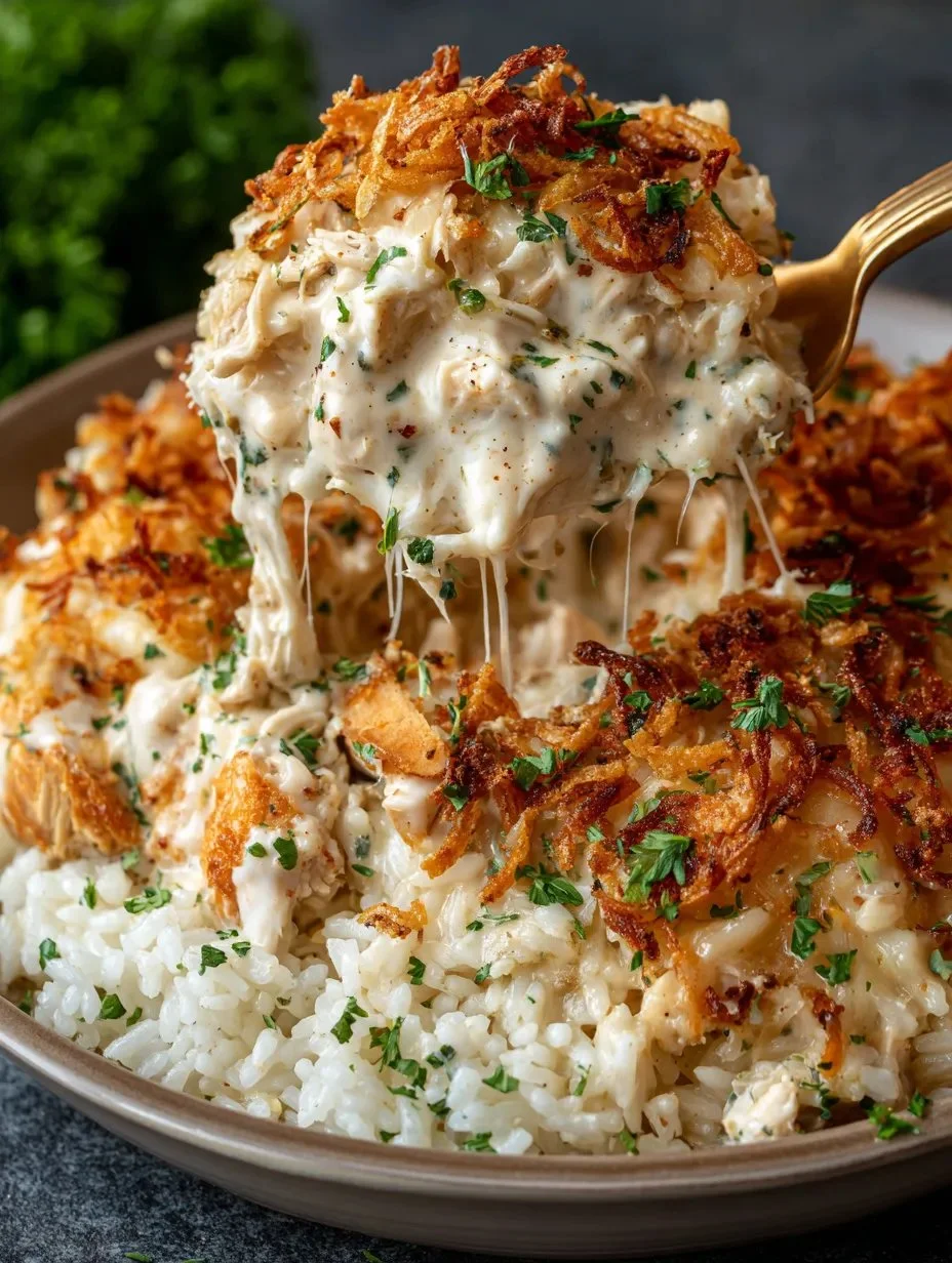 Delicious Chicken and Rice Casserole served in a baking dish, ready to enjoy.