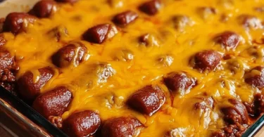 Delicious Chili Dog Casserole topped with cheese and served in a baking dish