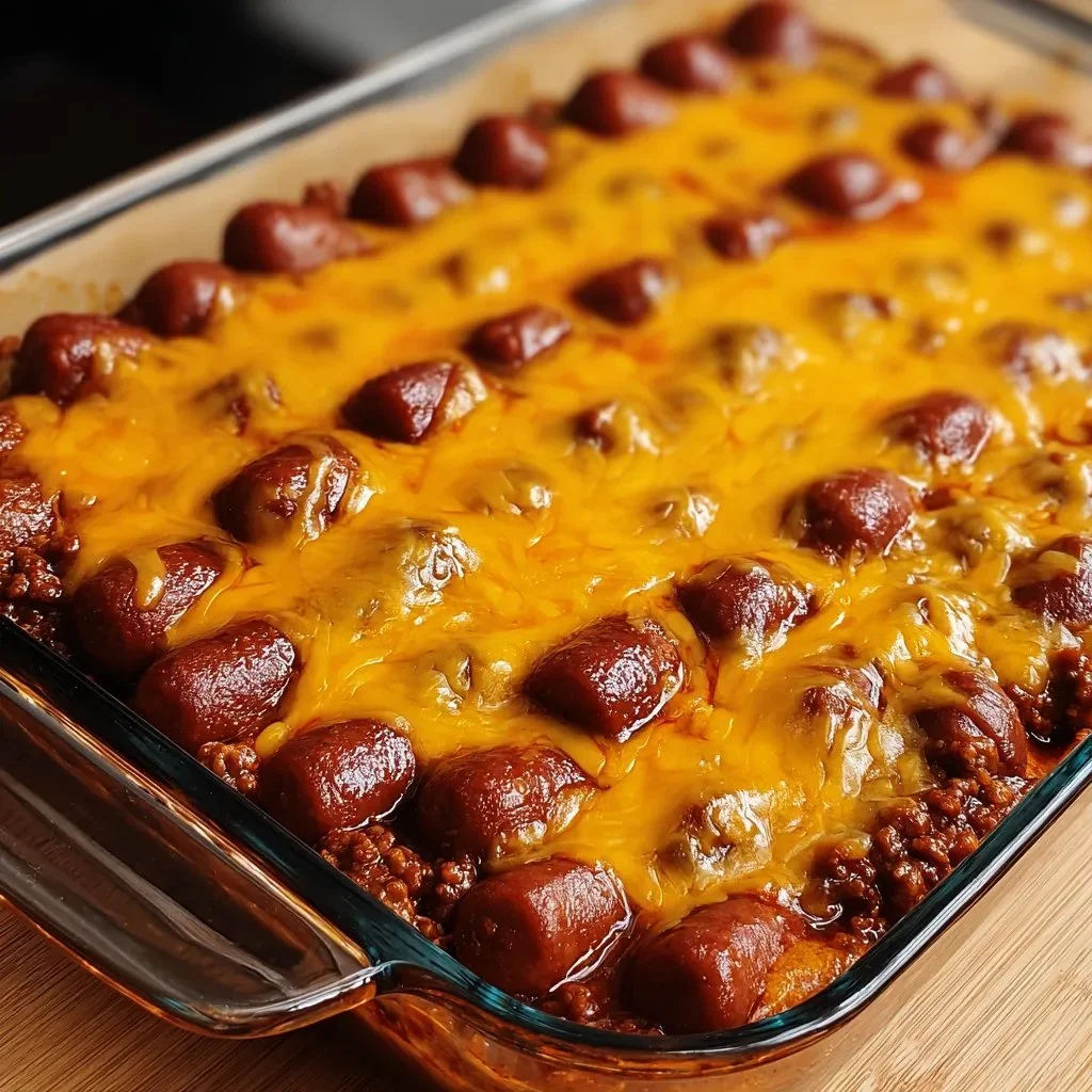 Delicious Chili Dog Casserole topped with cheese and served in a baking dish
