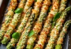 Crispy Parmesan asparagus sticks coated for a golden crunchy texture