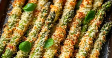 Crispy Parmesan asparagus sticks coated for a golden crunchy texture