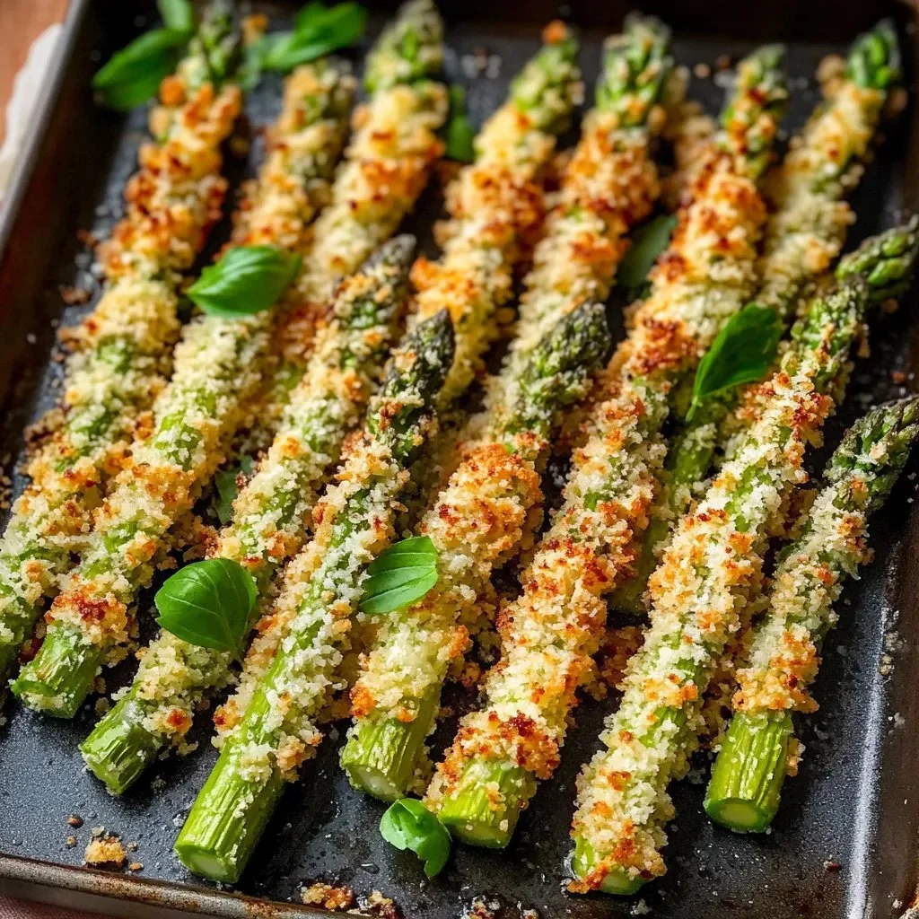 Crispy Parmesan asparagus sticks coated for a golden crunchy texture