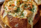 Crusty bread bowl filled with creamy seafood and cheese filling
