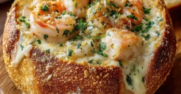 Crusty bread bowl filled with creamy seafood and cheese filling
