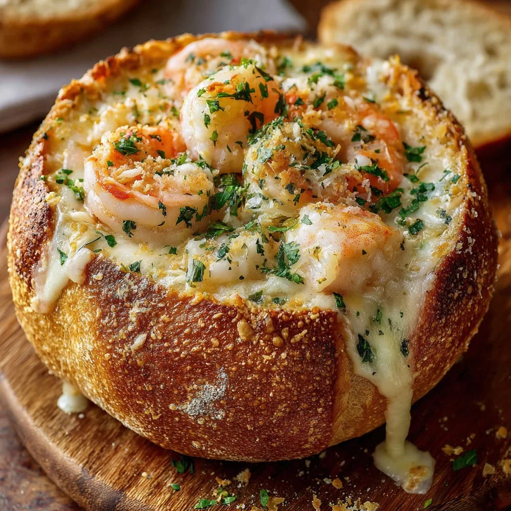 Crusty bread bowl filled with creamy seafood and cheese filling