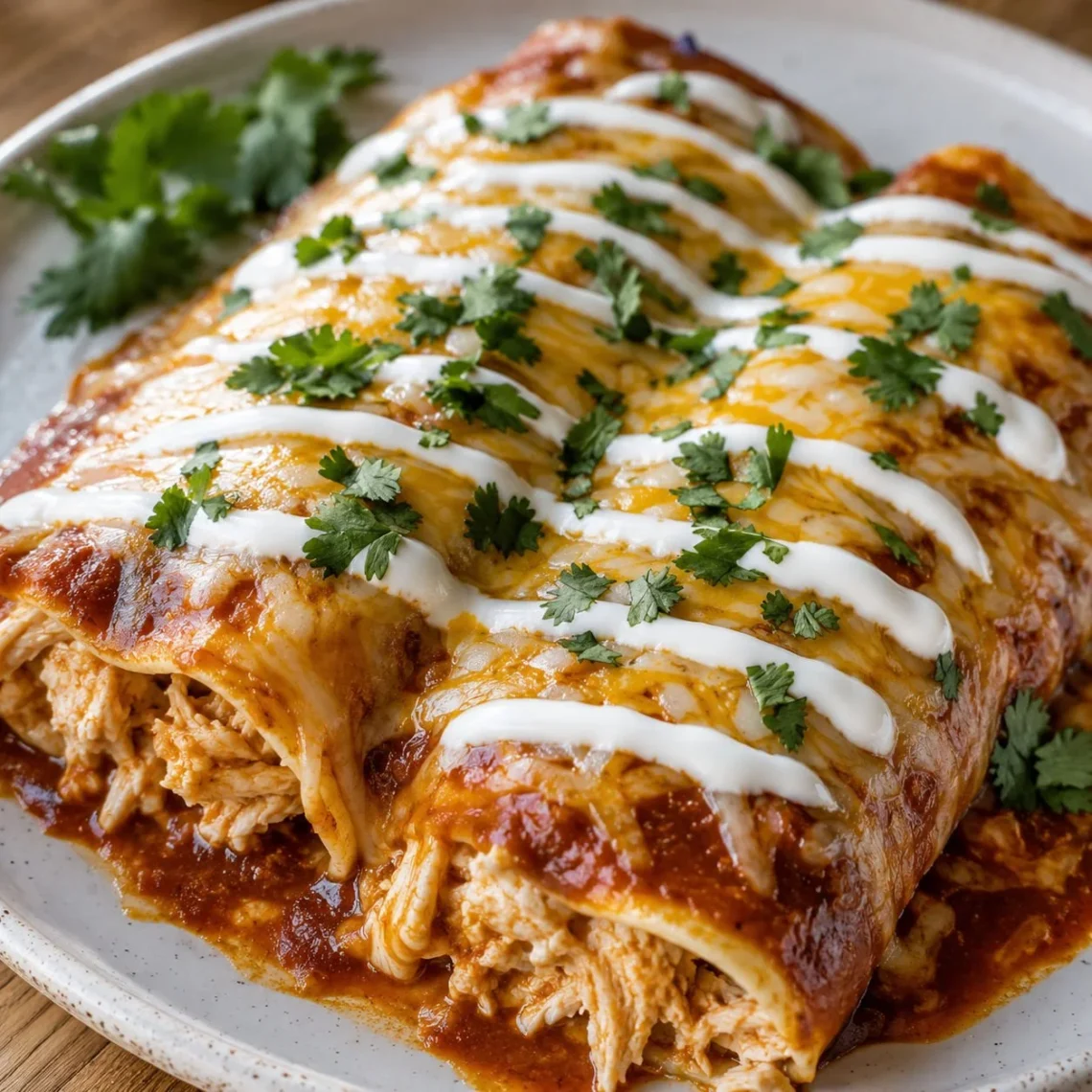 Delicious easy sour cream chicken enchiladas topped with cheese and cilantro.