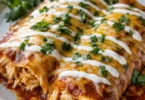 Delicious easy sour cream chicken enchiladas topped with cheese and cilantro.