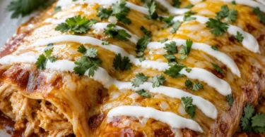 Delicious easy sour cream chicken enchiladas topped with cheese and cilantro.