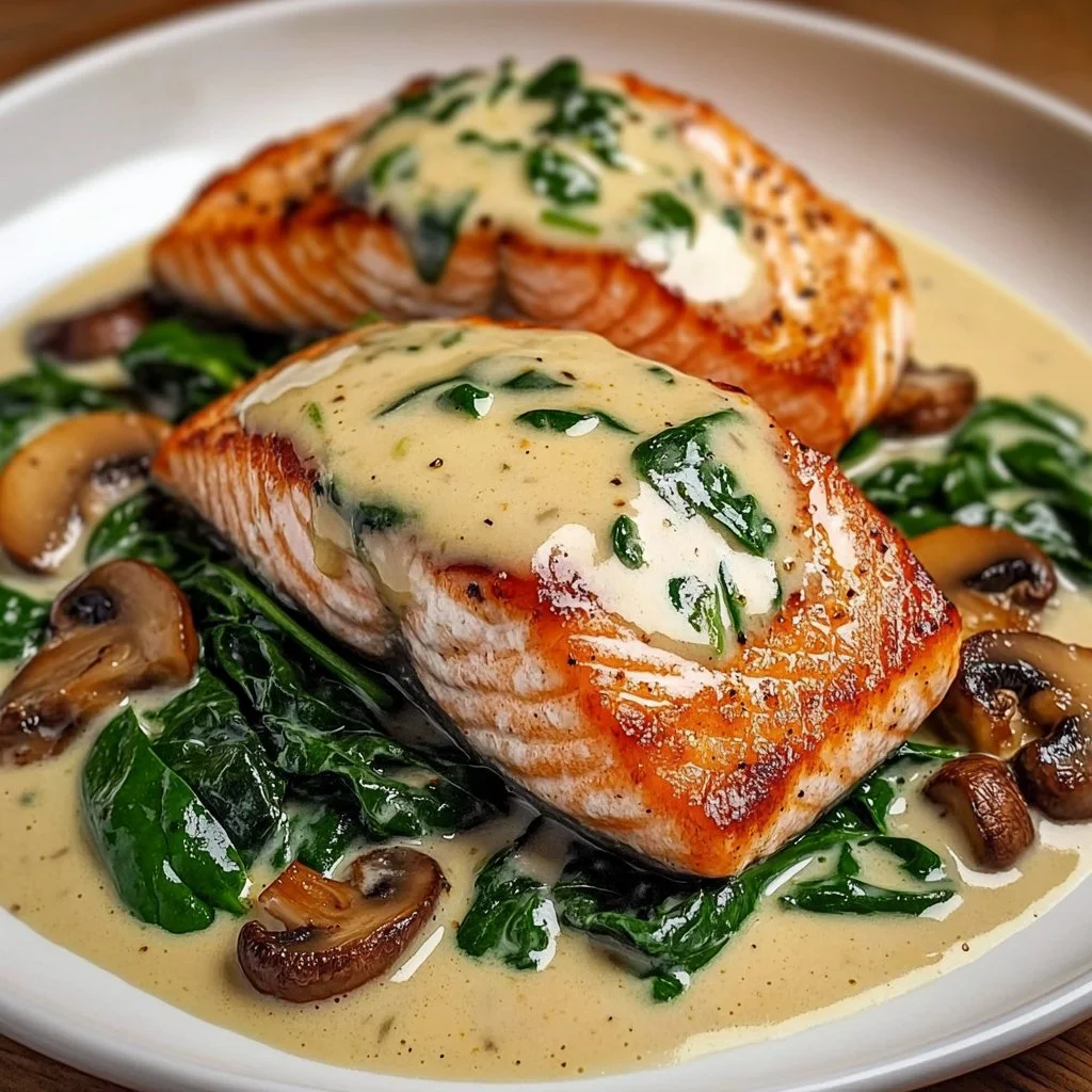 Delicious Garlic Butter Salmon with Spinach and Mushrooms in Creamy Sauce