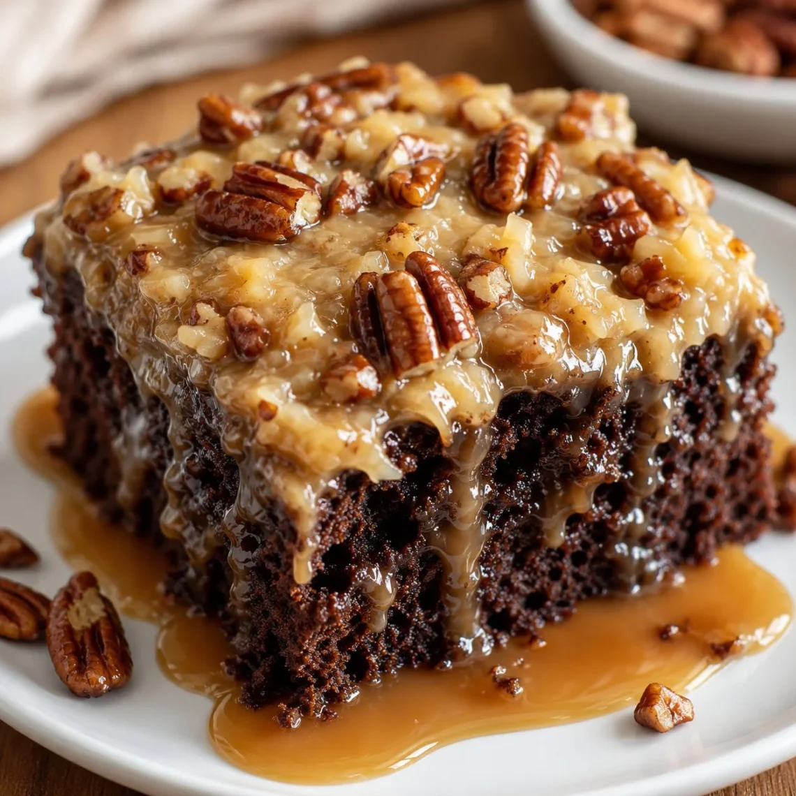 German Chocolate Poke Cake with caramel pecan frosting