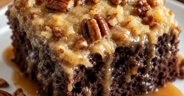 German Chocolate Poke Cake with caramel pecan frosting