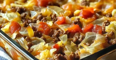 Hearty cabbage and beef bake in a casserole dish, garnished and ready to serve.
