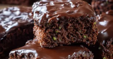 High-protein zucchini brownies with a chocolate glaze on a plate