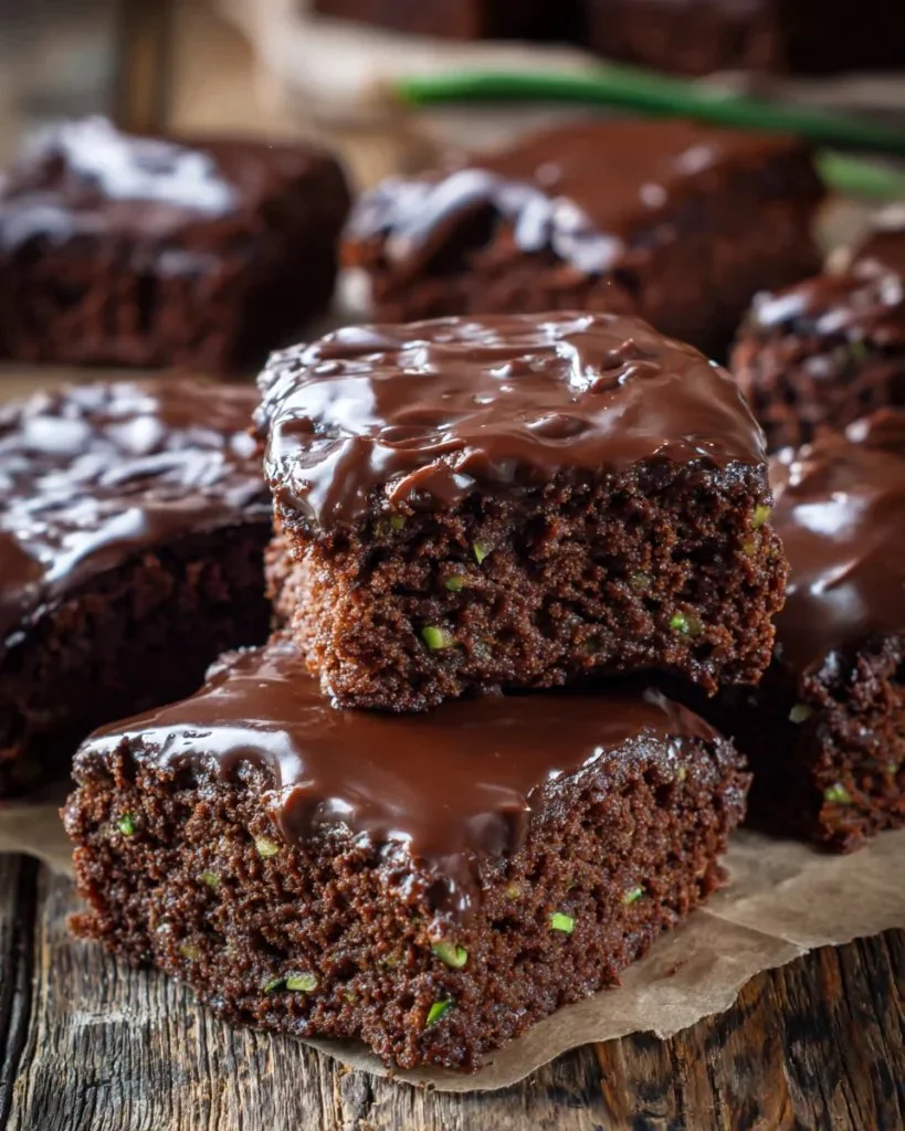 High-protein zucchini brownies with a chocolate glaze on a plate